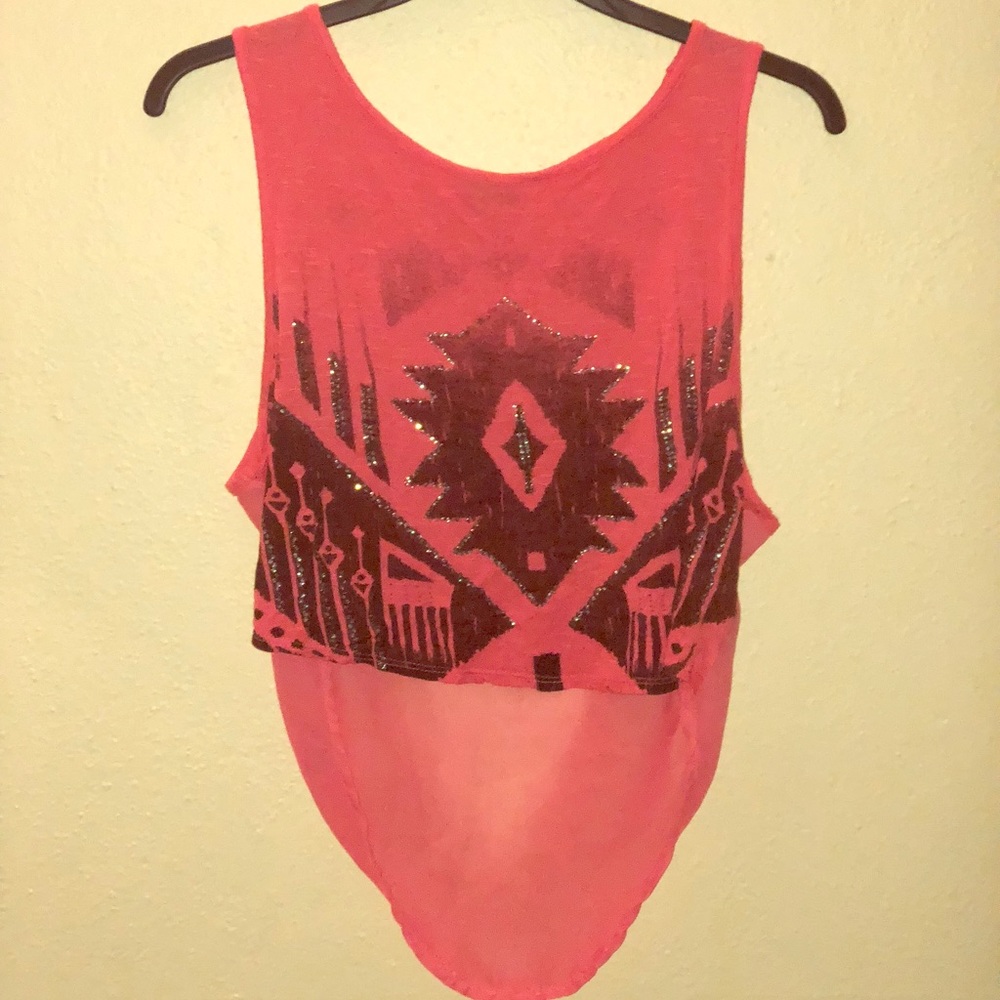 Coral Aztec Crop Top with Sheer Back Medium